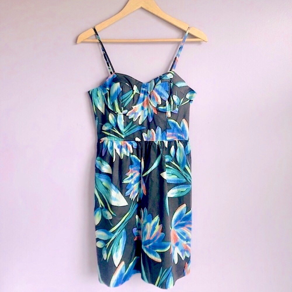 New Tropical Floral Print Dark Gray LC Lauren Conrad Bustier Summer Dress Size 8